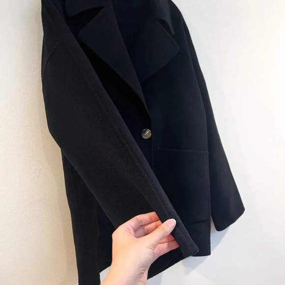 Gentle Herd 100% Wool Black Classic Bohemian Knit Collared Long Trench Coat XL - Picture 5 of 9